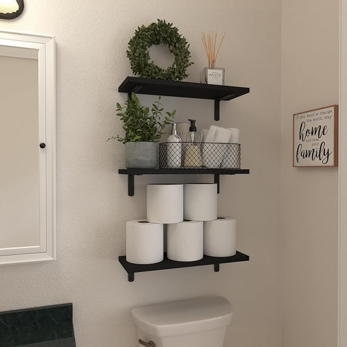 WOPITUES Wood Floating Shelves Set of 6, Shelves for Wall Decor, Farmhouse Shelf for Bedroom, Bathroom Storage Shelves, Book Shelves for Living Room-Black - Image 4