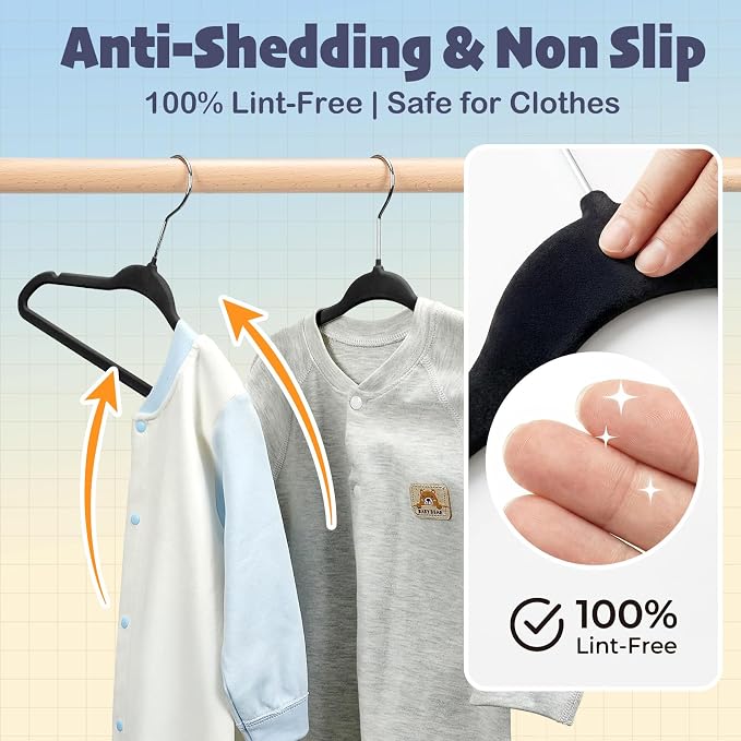 HOUSE DAY 11 Inch Black Velvet Baby Hangers 20 Pack, Premium Kids Hangers for Children, Infant & Toddler Clothes, Durable Non Slip Baby Felt Hanger for Closet, Ideal for Everyday Use - Image 4