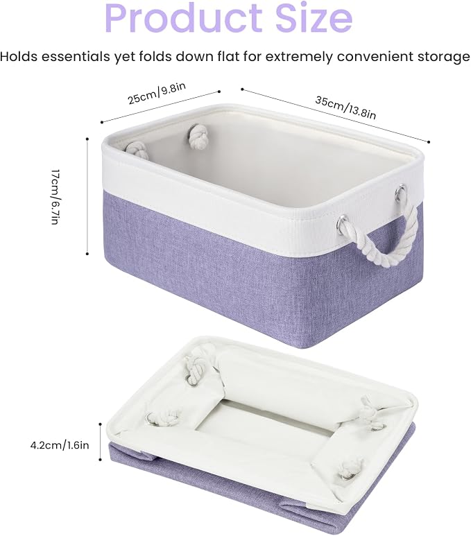 Storage Baskets for Shelves 13.8x9.8x6.7 Inch, Foldable Fabric Storage Bins with Handles, Small Storage Baskets for Organizing Closet, Office, Home Organization (3-Pack, White&Purple) - Image 4