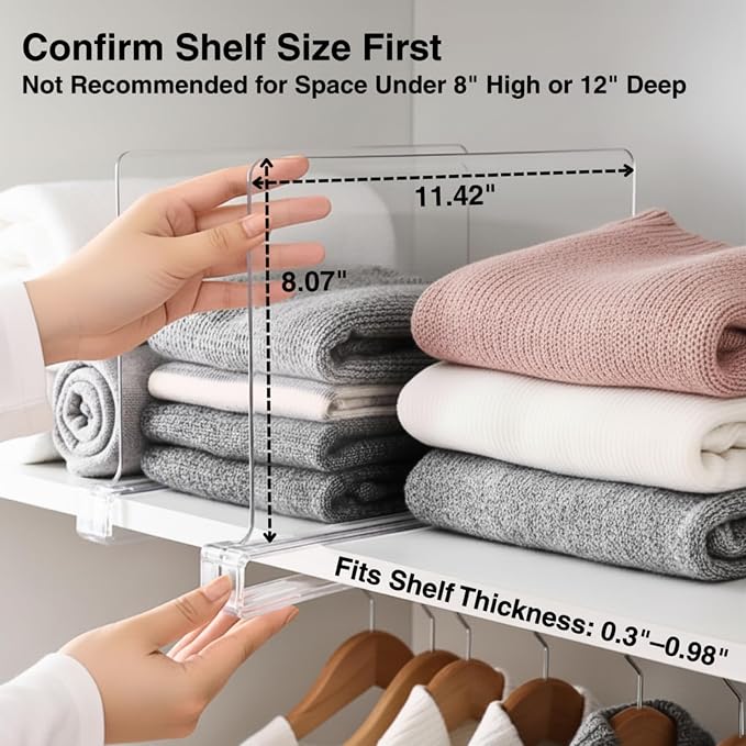SortNStore Shelf Dividers Purse Organizer for Closet: 6-pack Acrylic Bag Storage Organizer for Handbags, Clutches, Clothes, Sweater, Towel on Wood Shelves - Image 5