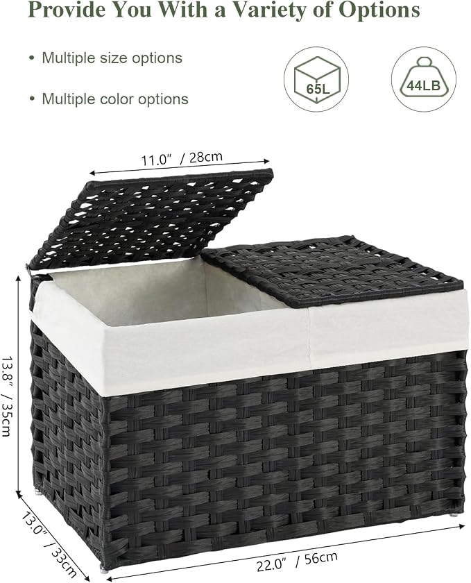 SETVSON Storage Basket with Lid Rattan Woven Storage Baskets with 2 Separate Lids, 17.2 Gallon (65 L), Wicker Storage Bins Foldable, 2 Removable Liner Bags Handles for Bedroom, Laundry Room Black - Image 2