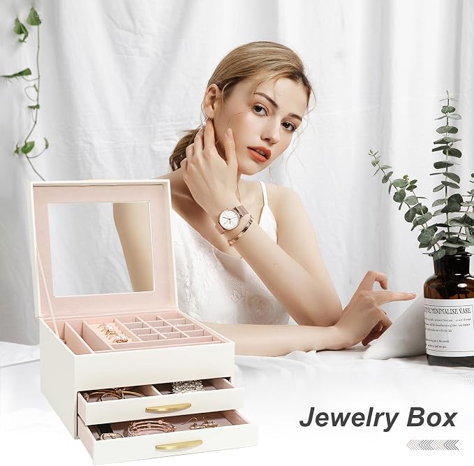 Jewelry Storage Box with Glasses Lid, 3-Tiers Jewelry Organizer Box for Women Girls, Jewelry Case for Rings, Bracelets Earrings, Necklaces (White) - Image 8