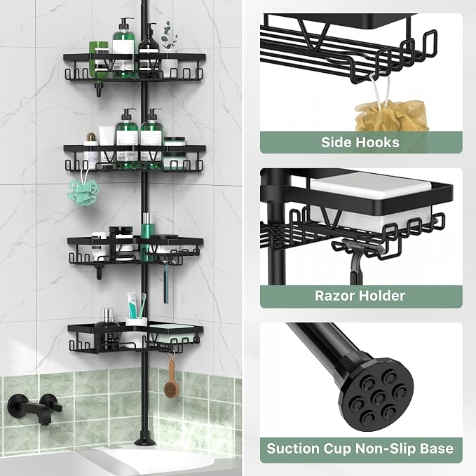 DAOYA Corner Shower Caddy Tension Pole - 4 Tier Stainless Steel Rustproof Shower Corner Caddy for Bathtub Bathroom Shower Organizer Shelves Adjustable Pole 25-114.2 Inch Black - Image 5