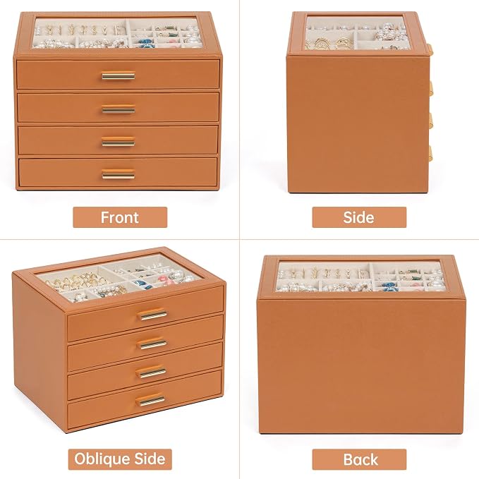 AKOZLIN Jewelry Box with Clear Lid Functional Leather Jewelry Storage Organizer Case 4 Drawers for Women Girls Necklace Ring Bracelet Earring Orange - Image 4