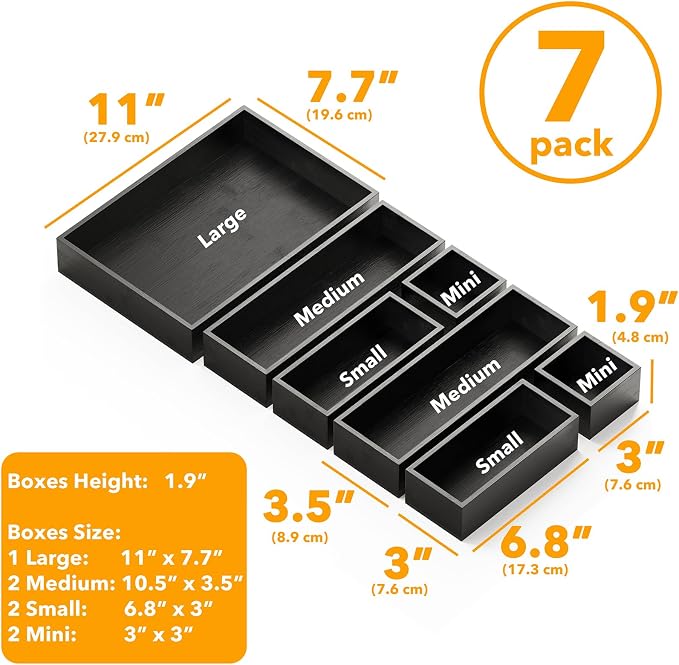 SpaceAid 7-Piece Bamboo Drawer Organizer Storage Boxes Set, Wood Tray Junk Drawer Organizers Multi-Use Divider Bins for Kitchen, Bathroom, Office Desk and Makeup Organization (7 Pack, Black) - Image 3