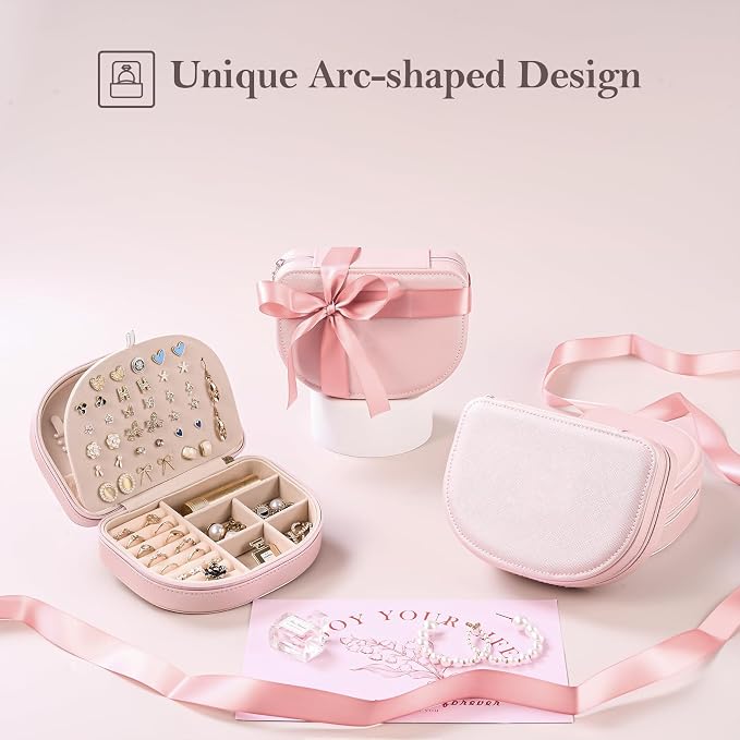 ProCase Travel Size Jewelry Box, Medium Portable Seashell-Shaped Jewelry Case, 2 Layer Jewelry Organizer in PU Leather for Women -Glossy Pink - Image 3