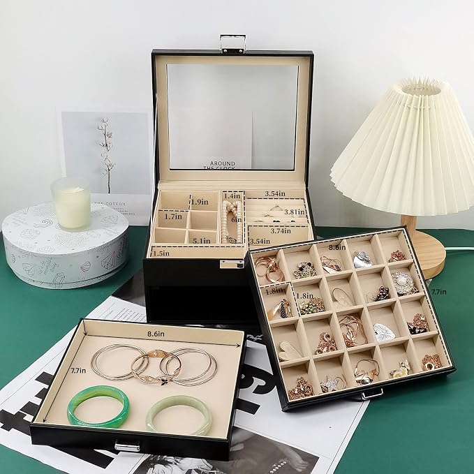 BOOVO Clear Lid Jewelry Box,3 Layers Jewelry Organizer Large Multi-Functional Jewelry Storage Box with 2 Drawers,Jewelry Display Case of Rings Earrings Necklace Bracelets for Women Girls (Black) - Image 3