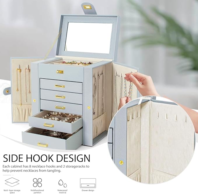 AKOZLIN Functional 6-Tier Jewelry Box Organizer with 5 Drawers Leather Jewelry Storage Case for Women Girls Ring Necklace Earring Bracelet Holder Organizer with Mirror Grey - Image 5