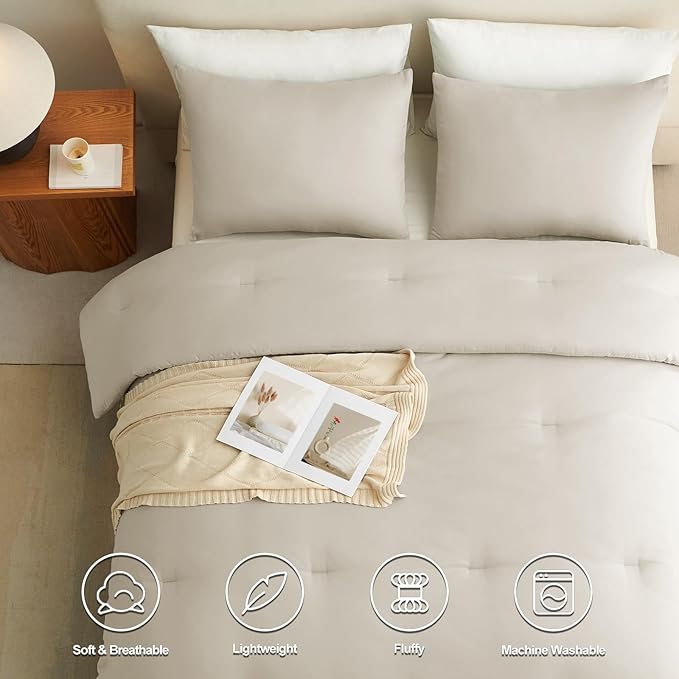 CozyLux King Size Comforter Set Oatmeal, 3 Pieces Solid Comforters King Size Breathable Quilted Bedding Sets, Luxury Soft Lightweight Bed Set with Down Alternative Comforter and 2 Pillowcases