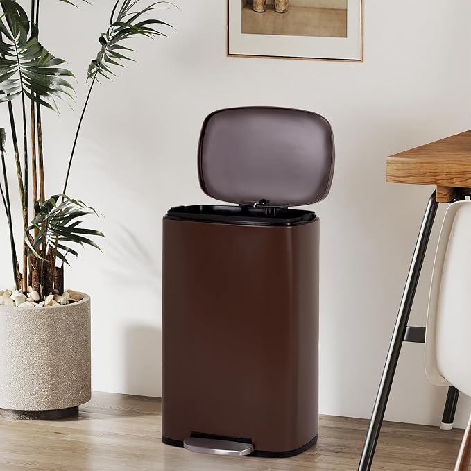 FDW | 13 Gallon Trash Can with Lid | Brown | Fingerprint-Proof | Made of Brushed Stainless Steel | Soft-Close Step Pedal | Hands-Free Use | Easy to Clean | for Kitchen, Office, Bathroom - Image 2
