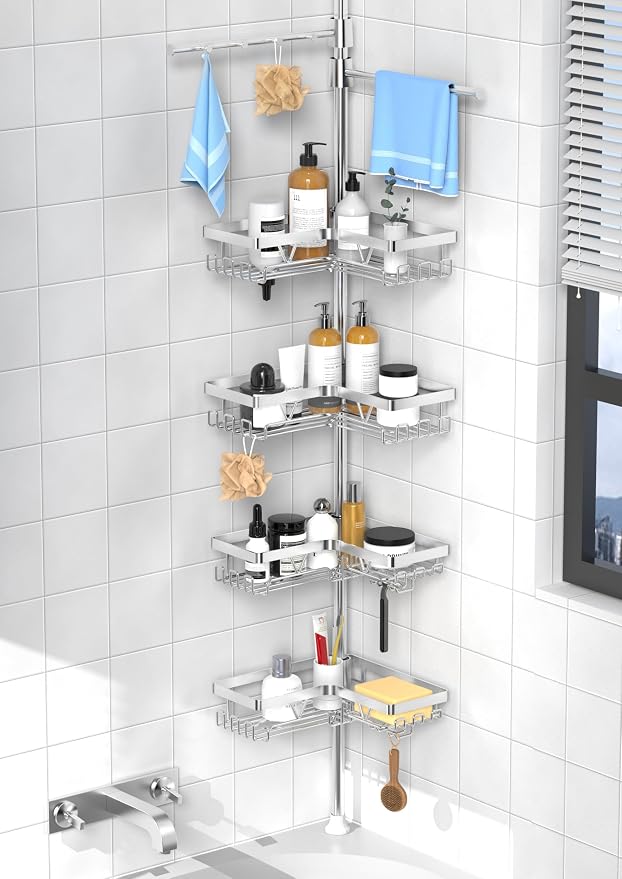 KEGII Shower Caddy Tension Pole with 2 Towel Bars, Adjustable Corner Bathroom Organizer, Rustproof Bathtub Storage Shelves for Shampoo, 25–114.2 Inch Shower Rack for Renters & Family, Silver by KEGII