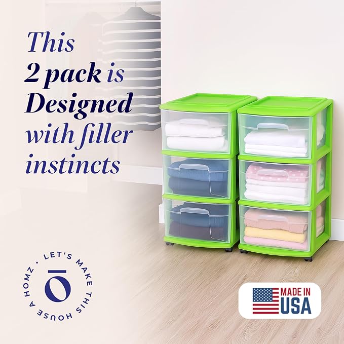 HOMZ 2-Pack Drawer Tower, 3-Tier Clear Plastic Storage Organizer Cart, Bold Lime Frame - Organizing Containers with Wheels for Home, Bathroom, Bedroom, Office, and Classroom - Image 3