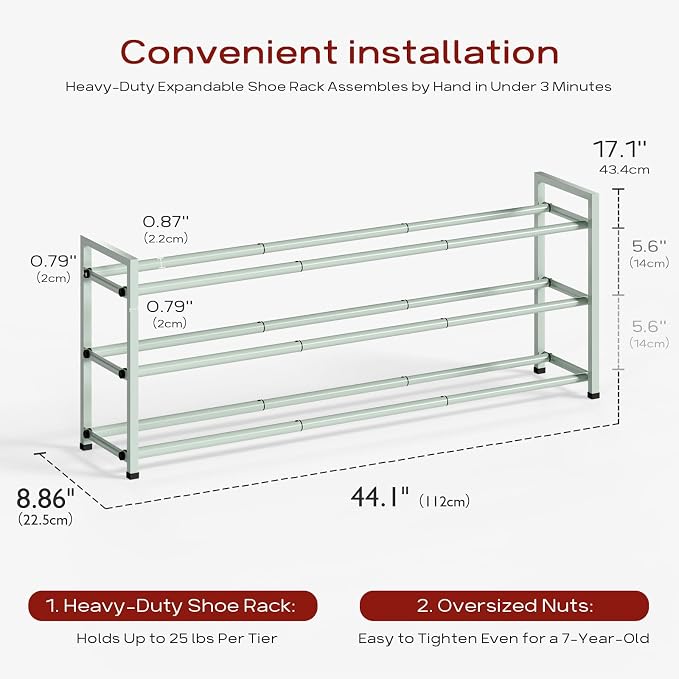 Bumusty 3-Tier Long Expandable Shoe Rack for Closet, 18"-44" Adjustable Shoe Rack for Entryway, 15-18 Pairs Large Shoe Organizer Shelf Storage, Sturdy Metal, Green - Image 3