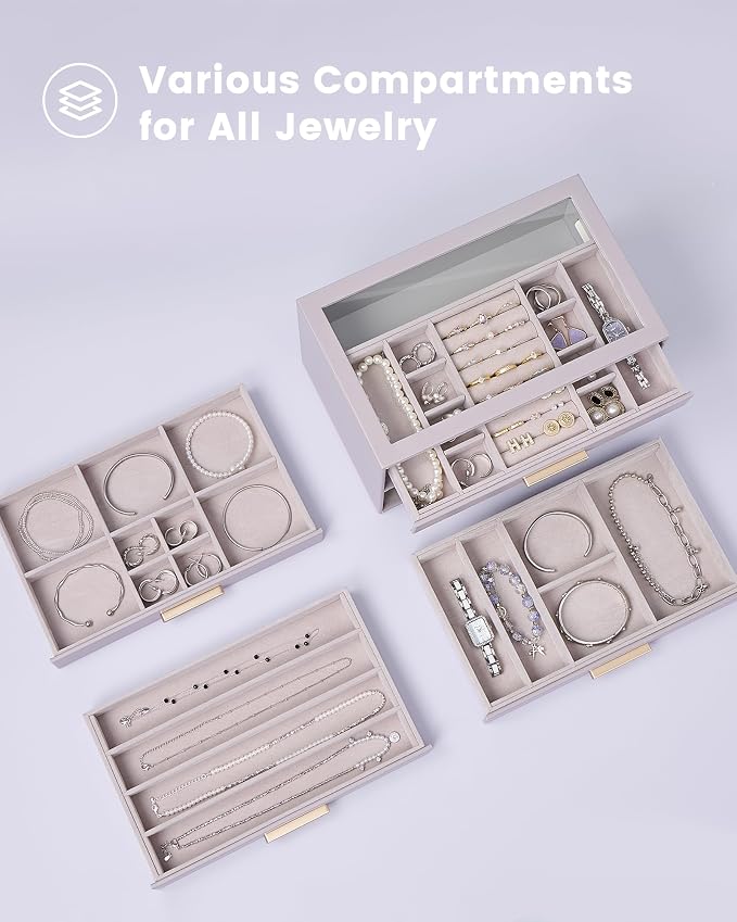 Lolalet Jewelry Box Organizer, 8-Layer Jewelry Organizers and Storage Case with Glass Lid, Ring Earring Bracelet Necklace Holder Organizer, Birthday Valentine Gifts for Women Girls -8Layer, HazePurple - Image 6
