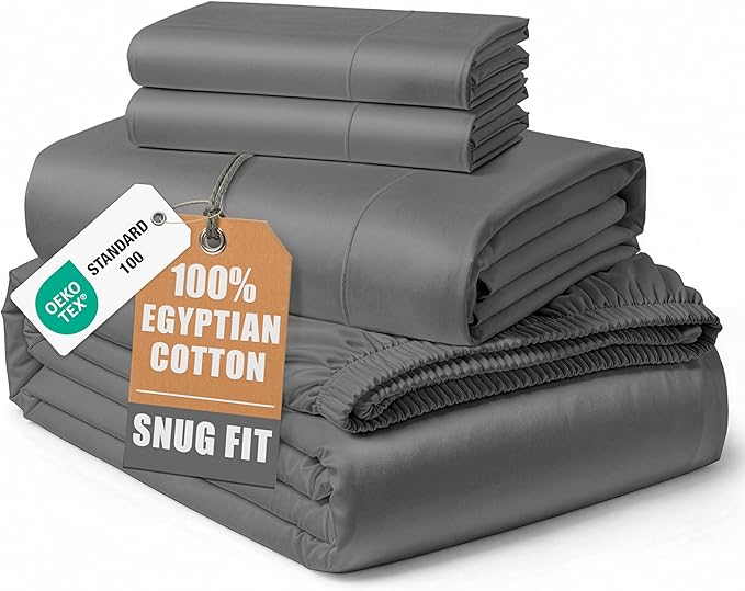 LANE LINEN 100% Egyptian Cotton King Sheets Set, Soft & Comfy Sateen Weave No Pill Mercerized Cotton Sheets King, Fully Elasticized Reinforced French Seam Fitted King Bed Sheets – Charcoal Gray