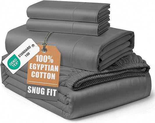 LANE LINEN 100% Egyptian Cotton King Sheets Set, Soft & Comfy Sateen Weave No Pill Mercerized Cotton Sheets King, Fully Elasticized Reinforced French Seam Fitted King Bed Sheets – Charcoal Gray