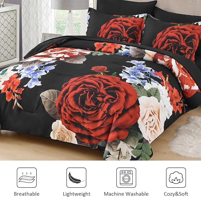 Drucon King Comforter Set - 7 Pieces Floral Black Soft Bedding Sets, King Bed in a Bag with Botanical Red Flowers Comforter, Sheets, Pillowcases & Shams
