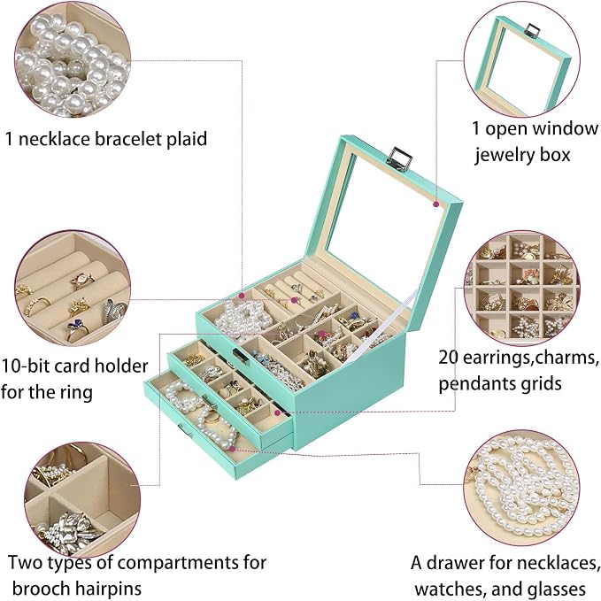 BOOVO Clear Lid Jewelry Box,3 Layers Jewelry Organizer Large Multi-Functional Jewelry Storage Box with 2 Drawers,Jewelry Display Case of Rings Earrings Necklace Bracelets for Women Girls (Turquoise) - Image 6