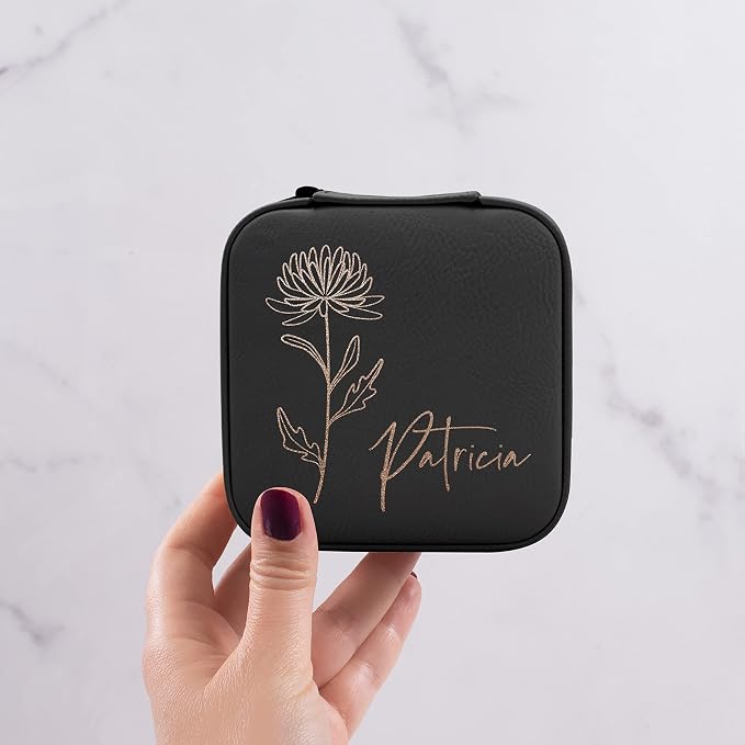 Custom Leather Jewelry Box w/Name & Birth Flower Month - Birthday Gifts for Women, Personalized Jewelry Travel Case - Customized Jewelry Organizer Box, Mom Birthday Gifts - Black - Image 2