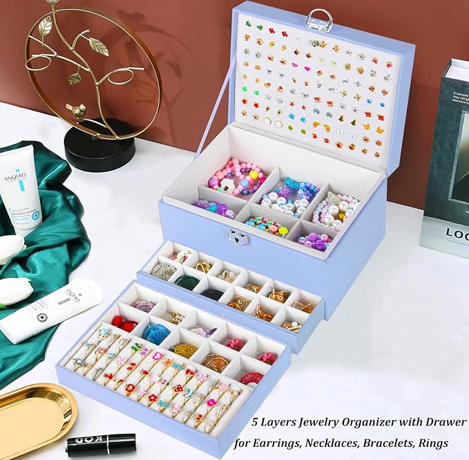 QBestry Earrings Jewelry Box for Girls, 5 Layers Jewelry Organizer with Earring Holder Organizer for Girls Earring Organizer Jewelry Boxes for Women Earrings and Necklaces Jewelry Box Organizer Blue - Image 8