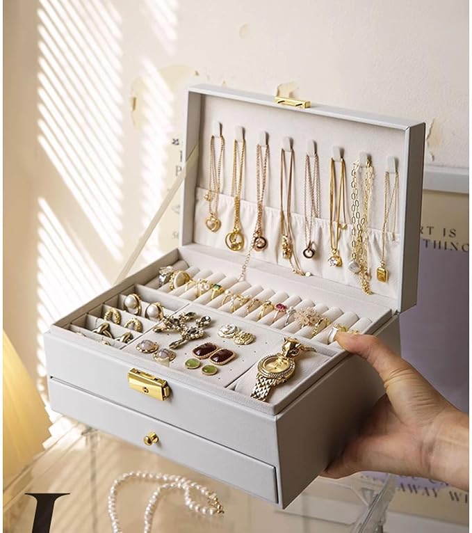 GUOER Jewelry Box for Women Girl Wife - Large PU Leather Jewelry Organizer Storage Case with Two Layers Display for Earrings Bracelets Rings Watches Mother's Day (White) - Image 2