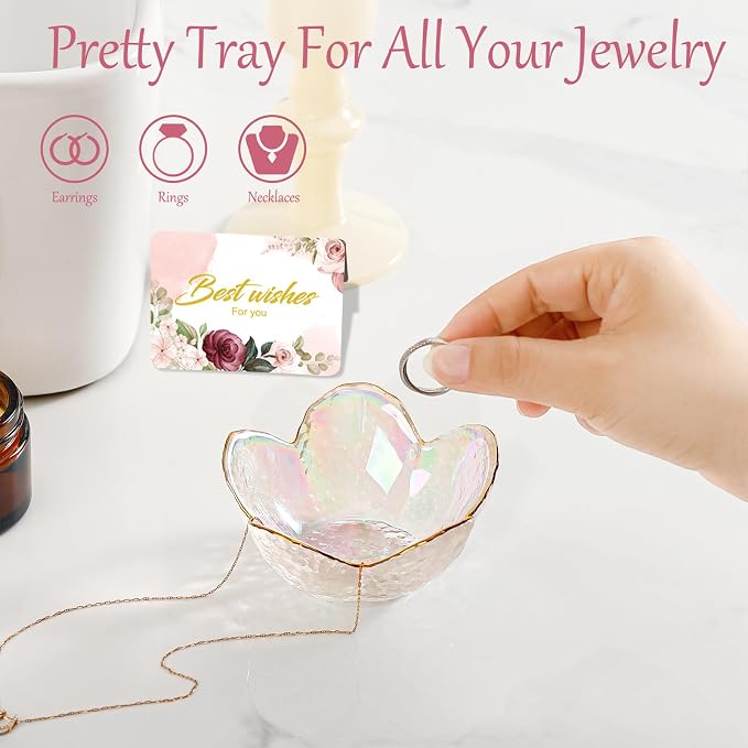 White Flower Jewelry Dish Glass Ring Dish Jewelry Tray Cute Vanity Organizer Room Decor Aesthetic Nightstand Bathroom Decor Trinket Dish Ring Holder Jewellery Tray Valentine's Birthday Gifts for Women - Image 8