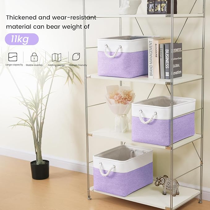 Large Storage Baskets- 15x11x10 inch Storage Bins for Shelves and Closet Organizing, Foldable Fabric Bin for Home Organization Clothes and Laundry (3-Pack, White&Purple) - Image 3