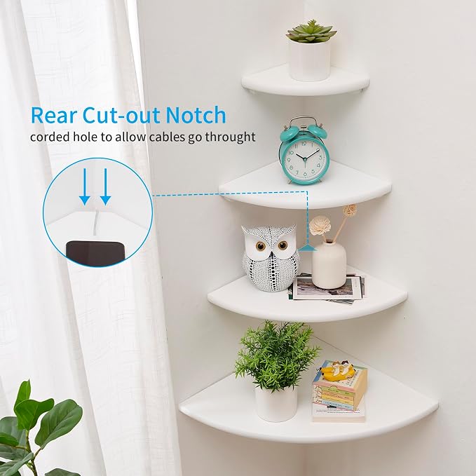 Corner Shelf, White Solid Oak Wood Floating Corner Shelves Wall Mount Round End Floating Speaker Rack Display Shelf for Small Plant Photo Frame (White, 13.8in) - Image 4