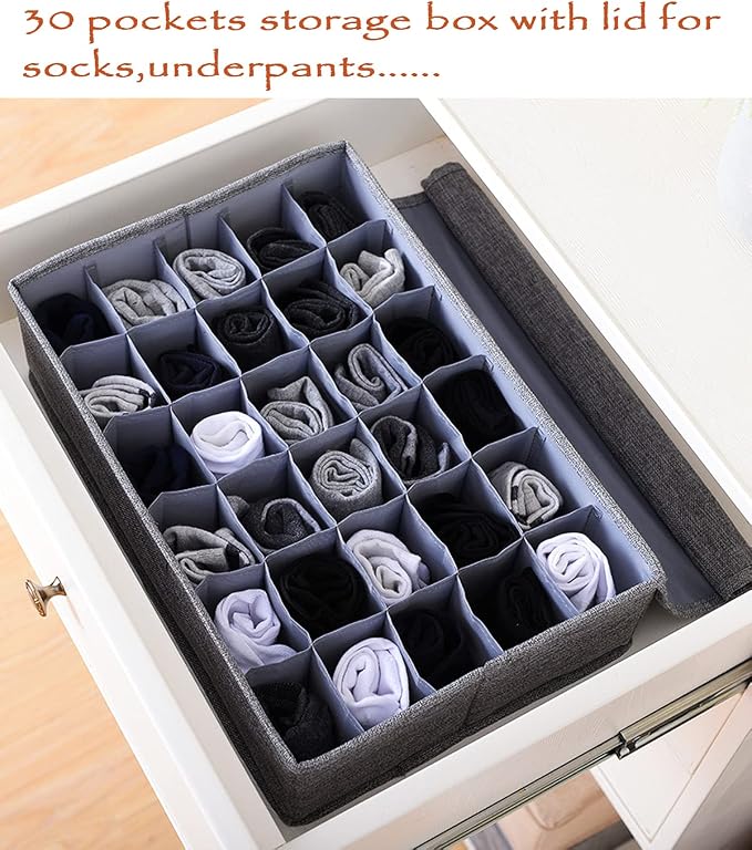 MURRI&MURRDI 2 Packs Sock and Underwear Storage Closet Organizer with Lids, 30 Cells Foldable Drawer Divider, Linen Cotton Storage Box Bin for Lingerie, Ties, Scarves, Grey - Image 2