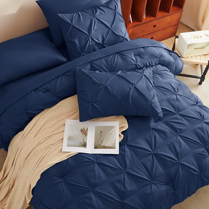 CozyLux Oversized Queen Comforter Sets Navy Blue, 7 Pieces Oversized Queen Pintuck Bed in A Bag, Pinch Pleat Bedding Sets with All Season Comforter, Flat Sheet, Fitted Sheet, Pillowcases & Shams