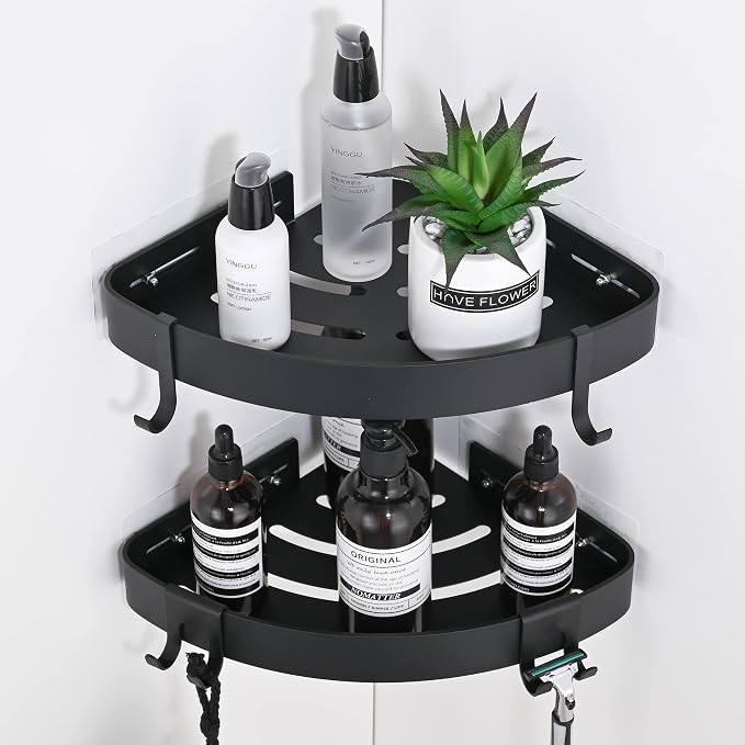 DUFU Adhesive Corner Shower Caddy with Hooks,Bathroom Shower Organizer, No Drilling Rust Proof Aluminum Shower Shelf for Inside Shower 2 Pack (Black) by DUFU