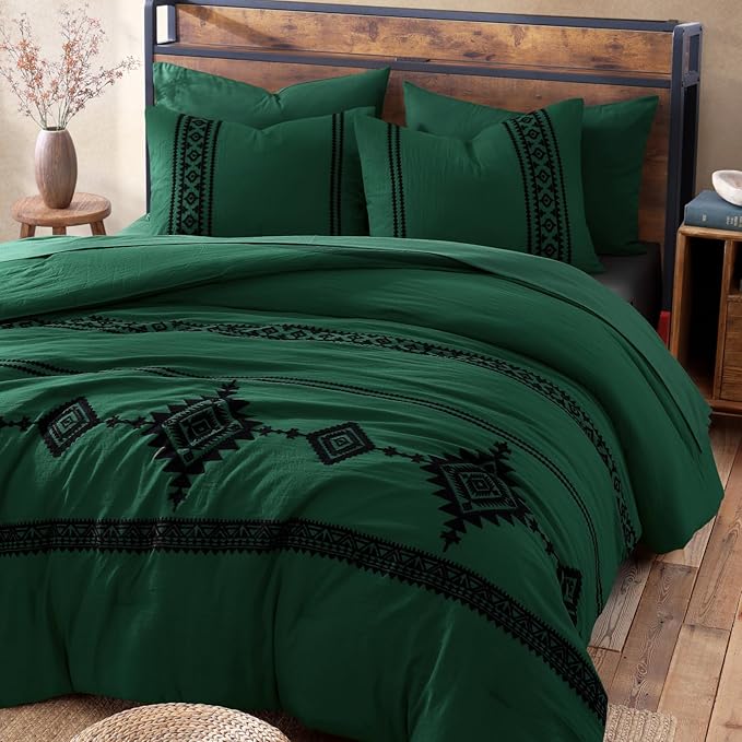 MaiRêve Embroidery Comforter Set, Boho Farmhouse Western Bedding Set, All Season Bed in A Bag Comforter Set with Sheets, Pillowcases & Shams, Emerald Green Queen 7 Pieces