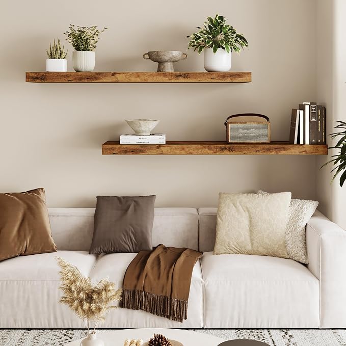 Fixwal Wall Shelves, 35" Long Heavy Duty Wall Mounted Rustic Wood Shelves for Living Room, Bedroom, Bathroom and Kitchen, Wall Shelves for Storage, Books, Room Decor (Rustic Brown, Set of 2) - Image 2