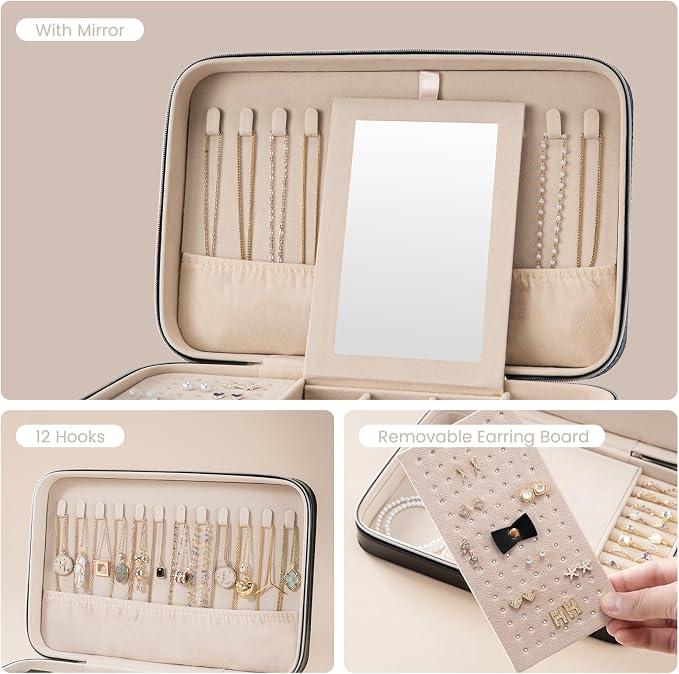 Lolalet Travel Jewelry Case for Women Girls, Travel Jewelry Organizer Box with Mirror & Clear Storage Bag, Small Portable Earring Necklace Bracelet Ring Case, Birthday Valentine Gifts -Large, Black - Image 5