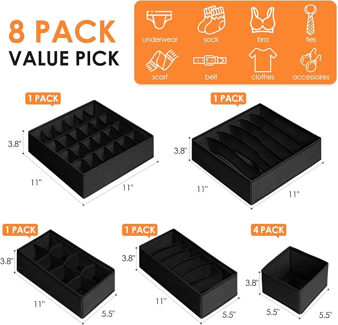 Drawer Organizer Clothes, 8 Pack Dresser Organizer Bins for Baby Clothes, Underwear Sock, Fabric Closet Organization and Storage Dividers for Nursery Bedroom (48 Compartments, Black) - Image 3