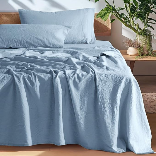 SONORO KATE 100% French Pure Linen Sheets, Breathable and Durable, 16 Inch Deep Pocket - 4 Piece (Dusty Blue, California King)