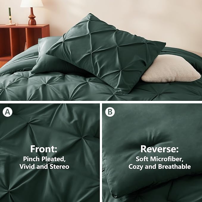 CozyLux King Size Comforter Set Forest Green, 7 Pieces Pintuck Bed in A Bag Green Comforter King Size, Pinch Pleat Bedding Set with All Season Comforter, Sheets, Pillowcases & Shams