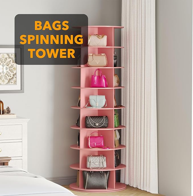SpaceAid 8 Tier Rotating Shoe Rack Tower, Spinning Shoe Display Lazy Susan, Revolving 360 Shoe Rack Storage Round Carousel, Vertical Handbag Rotate Shoes Closet Organization (8-Tier Pink) - Image 5