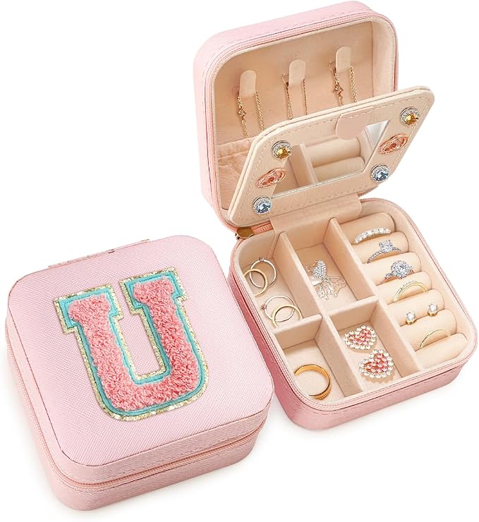 SANDJEST Personalized Jewelry Box, Pink Travel Jewelry Box with Initial U, Small Monogrammed Jewelry Case Organizer for Girls Women Teen Kids, Mini Travel Essentials Gifts for Birthday Christmas by SANDJEST