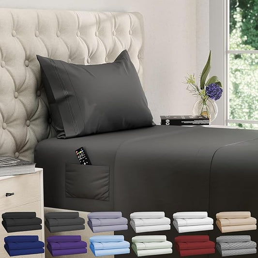 DREAMCARE Twin Sheets - 3 pcs Breathable Cooling Bed Sheets - up to 15" Deep Pocket Twin Bed Sheets with Side Pockets - Extra Soft 100% Brushed Hypoallergenic Hotel Luxury Bedding - Gray