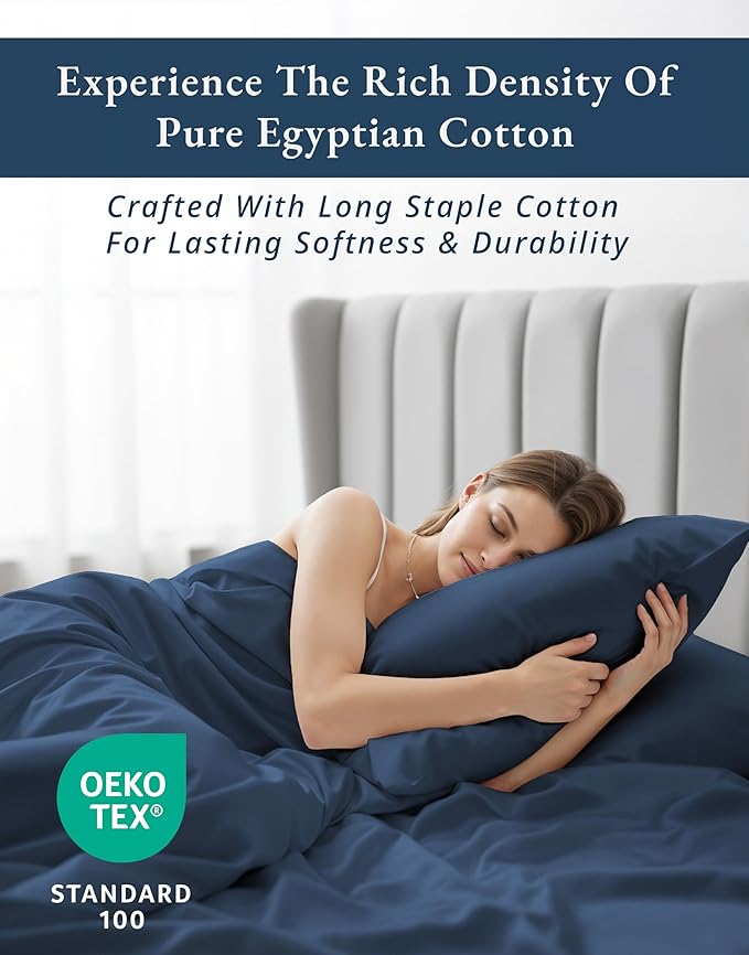 100% Egyptian Cotton Sheets Queen Size - Naturally Cooling & Breathable 4 Piece Silky Sateen Weave Queen Sheet Set, Ultra-Soft & Durable Hotel Luxury Sheets with 15" Snug Fit Deep Pockets - Dark Denim