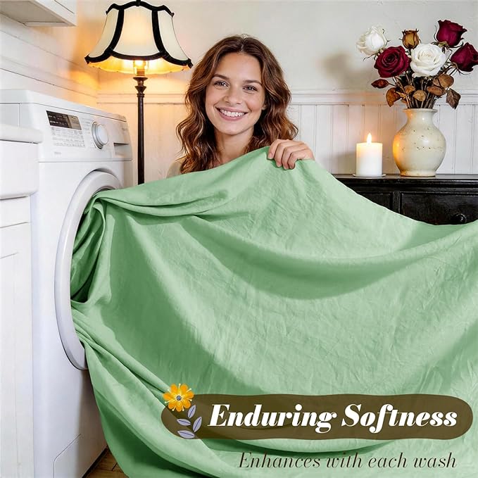 SONORO KATE 100% French Pure Linen Sheets, Breathable and Durable Linen Full Size Sheets, Anti-Tear Linen Bed Sheets, Machine Washable, 16 Inch Deep Pocket - 4 Piece (Green, Full)
