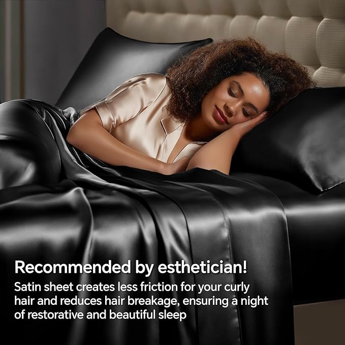 BEDELITE Satin Sheets Full XL Size Bed Set, Luxury Soft Black Silky Sheets for Hair and Skin, Similar to Silk Bed Sheets Set 4 Pieces with 1 Deep Pocket Fitted Sheet, 1 Flat Sheet, 2 Pillowcases