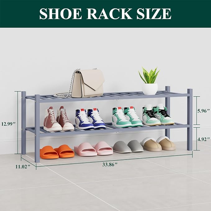 Smiry Shoe Rack, 2 Tier Thick Long Bamboo Shoe Organizer, Stackable Free Standing Wooden Shoe Storage Shelf for Closet, Entryway, Front Door Entrance, Grey - Image 2