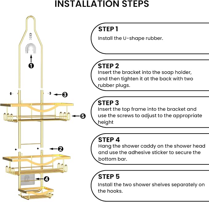 Shower Caddy Hanging Adjustable Shower Caddy, Rustproof Shower Organizer Extended Length Showers Caddy Over Shower Head with Hooks Soap Holder, Large Capacity Anti-Swing Bathroom Organizer, Gold - Image 8