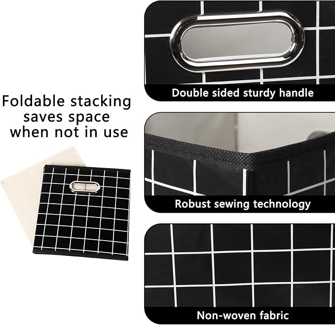 Yunkeeeper storage bins Cubes, Fabric Cube Organizer with Handle, Foldable Cube Bins for Cloth or Accessary Storage, 11x11x11, Set of 6, (Black grid) - Image 7