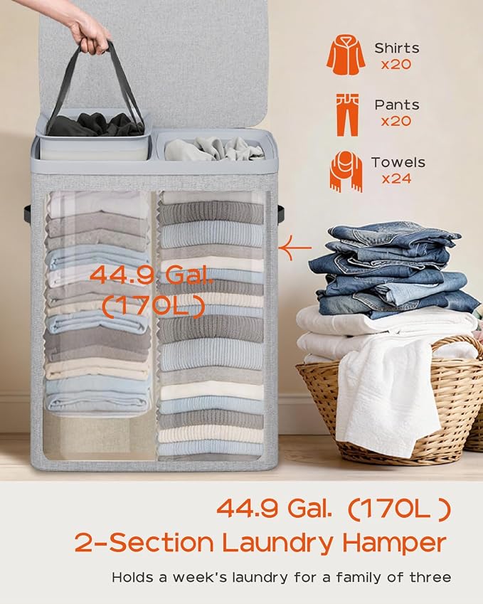 CASAMAYA Laundry Basket with Lid, Laundry Hamper 2 Section, 170L collapsible Laundry Organizer, Easy Assembly, with Handles and Removable Liners, 22 x 15.7 x 29.5 Inches, Gray JSP903G - Image 3