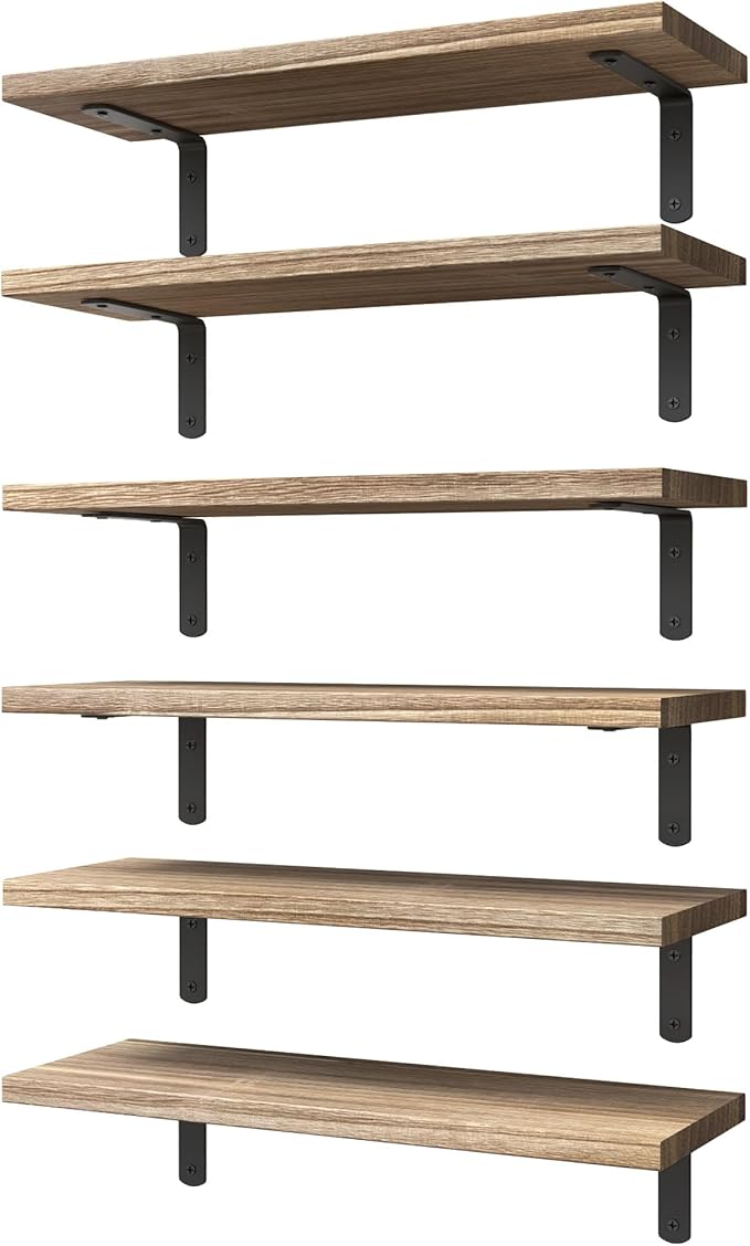 WOPITUES Wood Floating Shelves Set of 6, Shelves for Wall Decor, Farmhouse Shelf for Bedroom, Bathroom Storage Shelves, Book Shelves for Living Room - Rustic Brown by WOPITUESOfficial