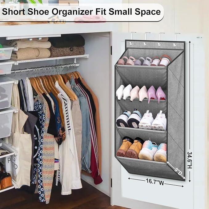 SLEEPING LAMB Over the Door Shoe Organizer for Closet, Short Hanging Shoe Rack with Large Deep Pockets, Narrow Door Sneaker Storage for Boots in RV, Dorm, Grey - Image 2