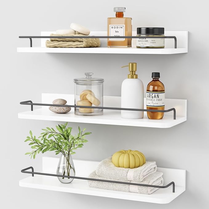 Forbena White Floating Shelves Bathroom Shelves Over Toilet Set of 3, Bathroom Organizers and Storage Shelves Wall Mounted, Modern Wood Corner Wall Shelf for Bedroom Closet -White and Dark Grey by Forbena